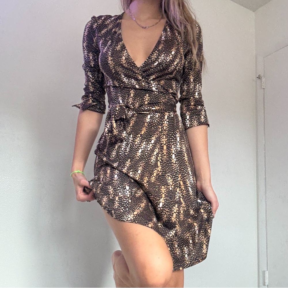 Diane Von Furstenberg Brown Snake-Print Mini Wrap Dress